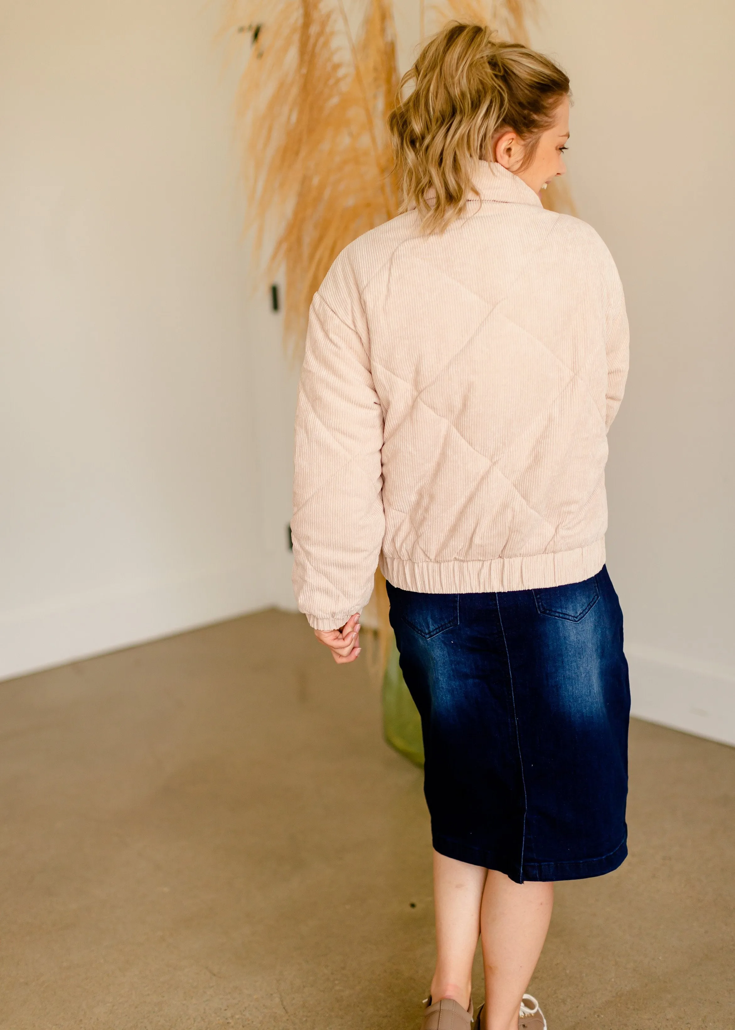 Beige Corduroy Quilted Bomber Jacket