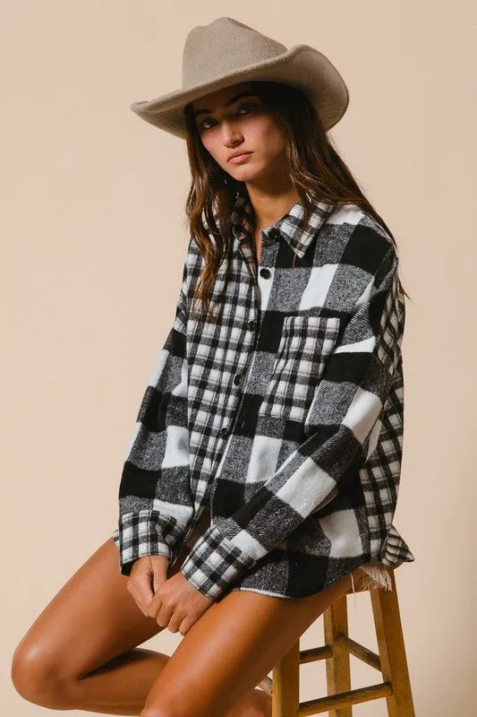 Black Plaid Button Down Long Sleeve Fleece Shirt