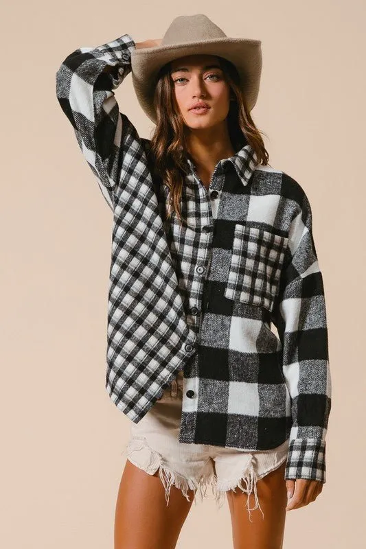 Black Plaid Button Down Long Sleeve Fleece Shirt