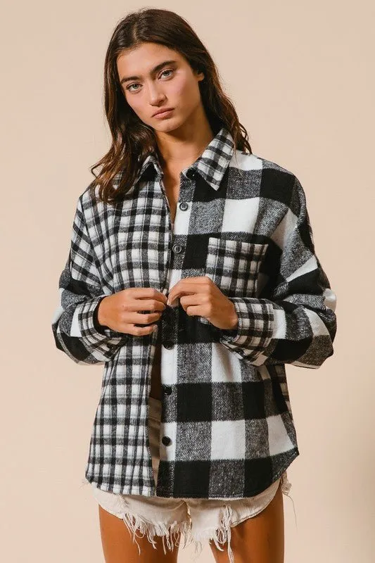 Black Plaid Button Down Long Sleeve Fleece Shirt