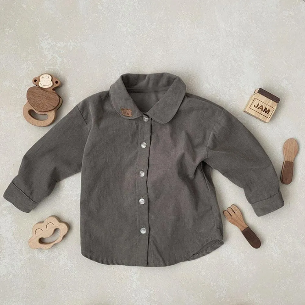 Boys Autumn Shirts Cotton Girls Long Sleeve Bear Embroidered Shirts Baby Boy Wholesale Clothing