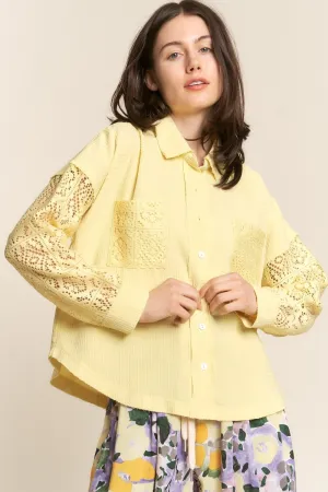 Button Down Lace Sleeve Waffle Knit Shirt in Yellow