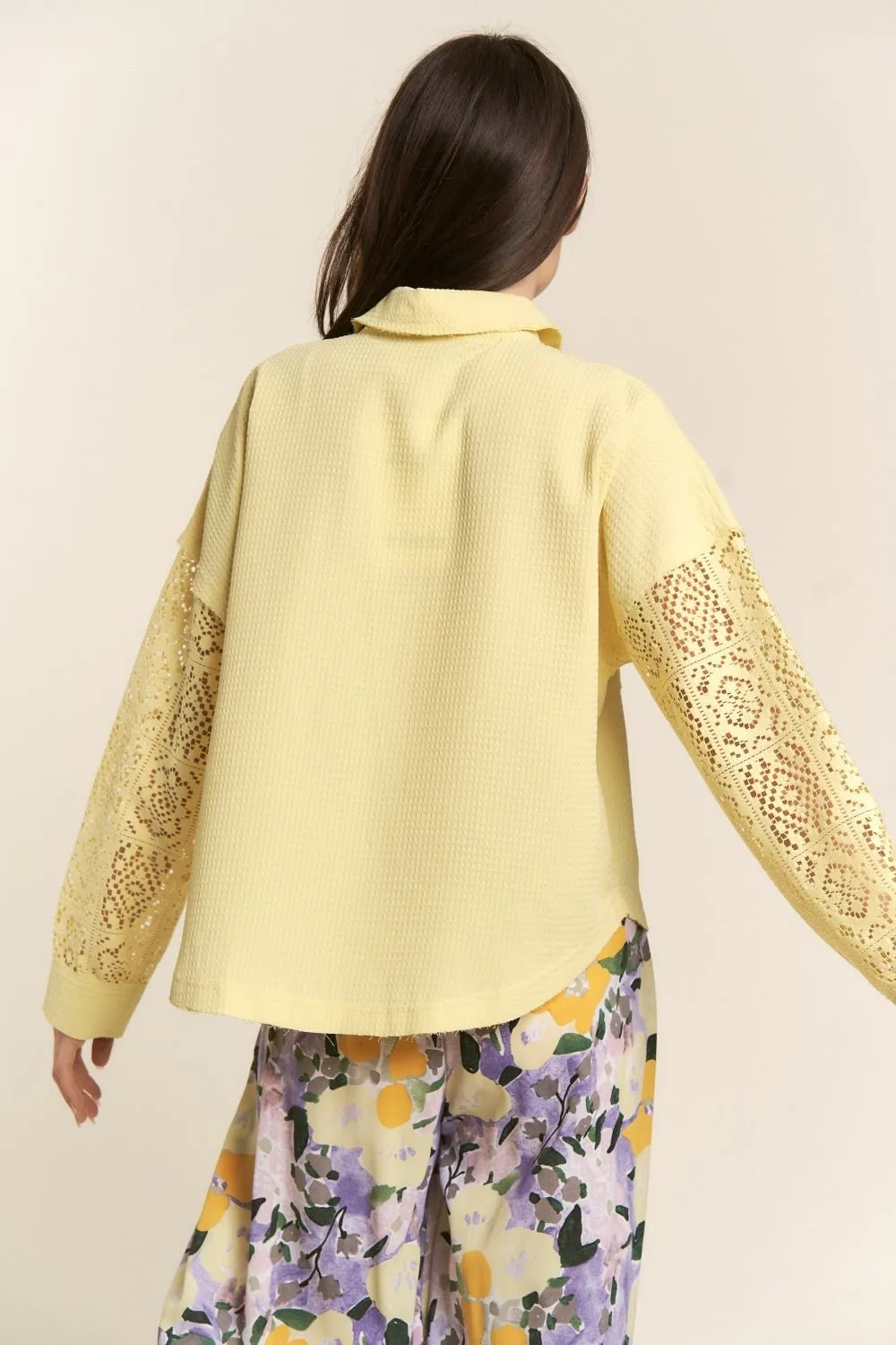 Button Down Lace Sleeve Waffle Knit Shirt in Yellow