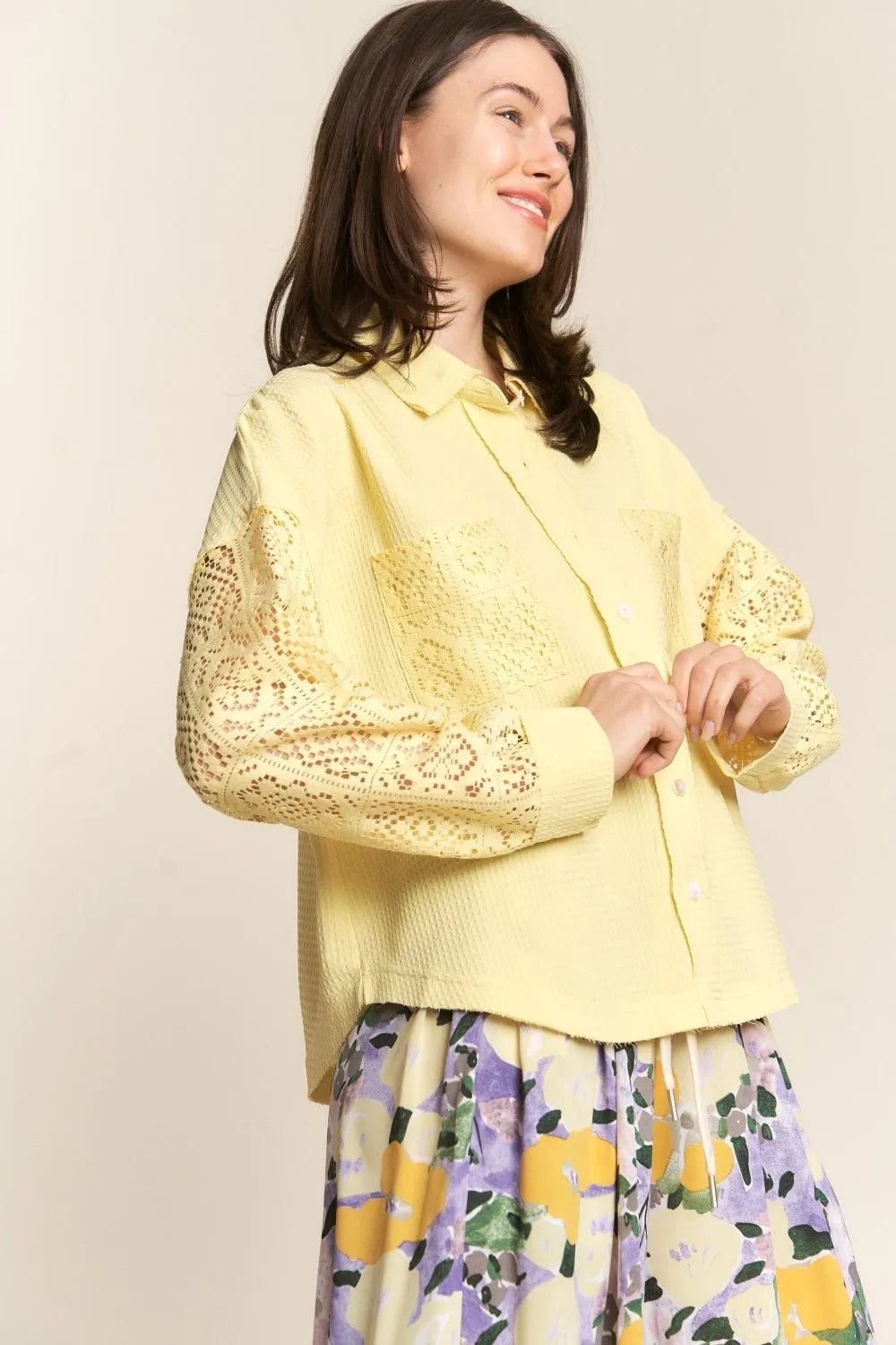 Button Down Lace Sleeve Waffle Knit Shirt in Yellow