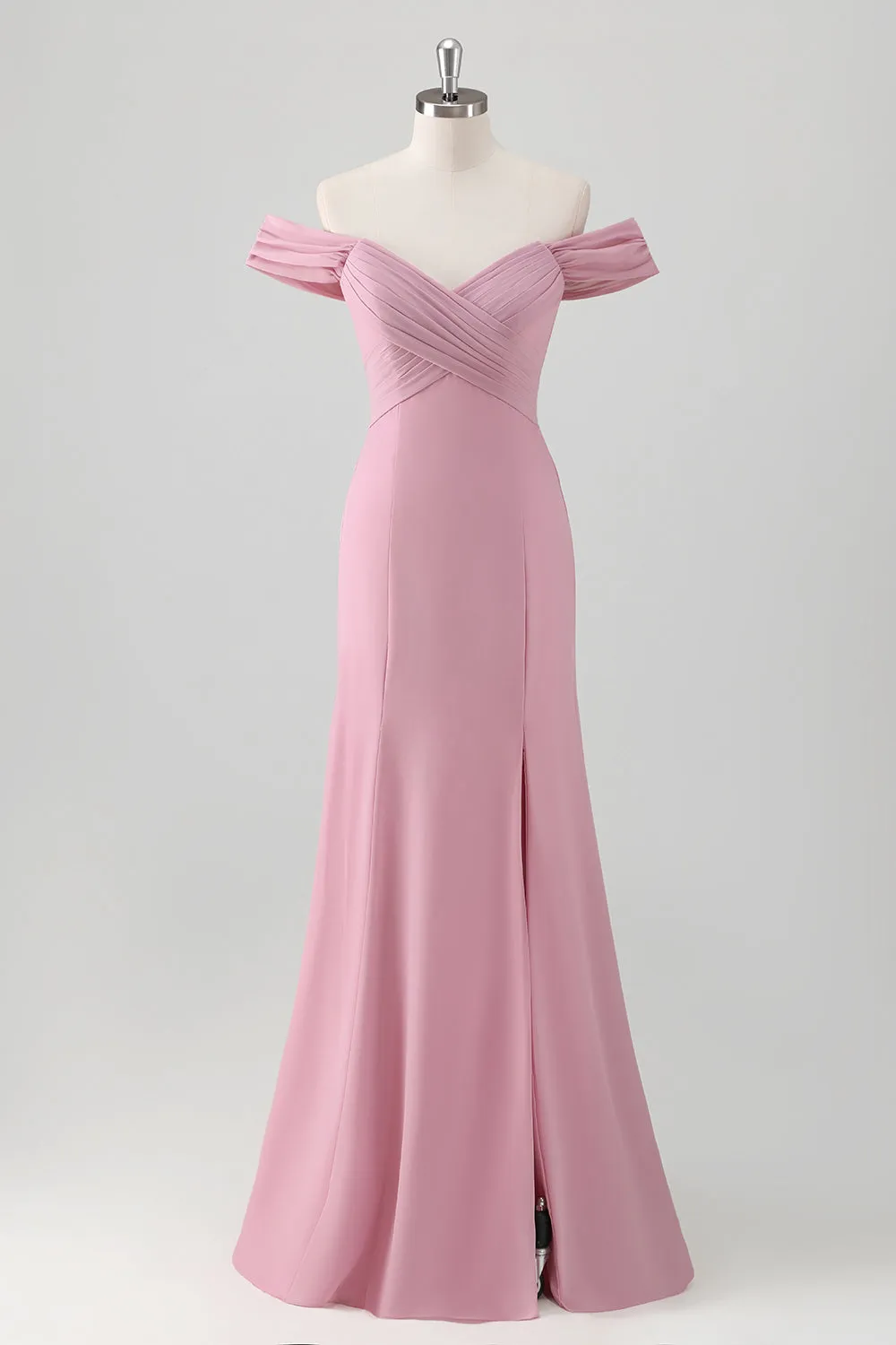 Chiffon Pink Off the Shoulder Sheath Bridesmaid Dress with Slit