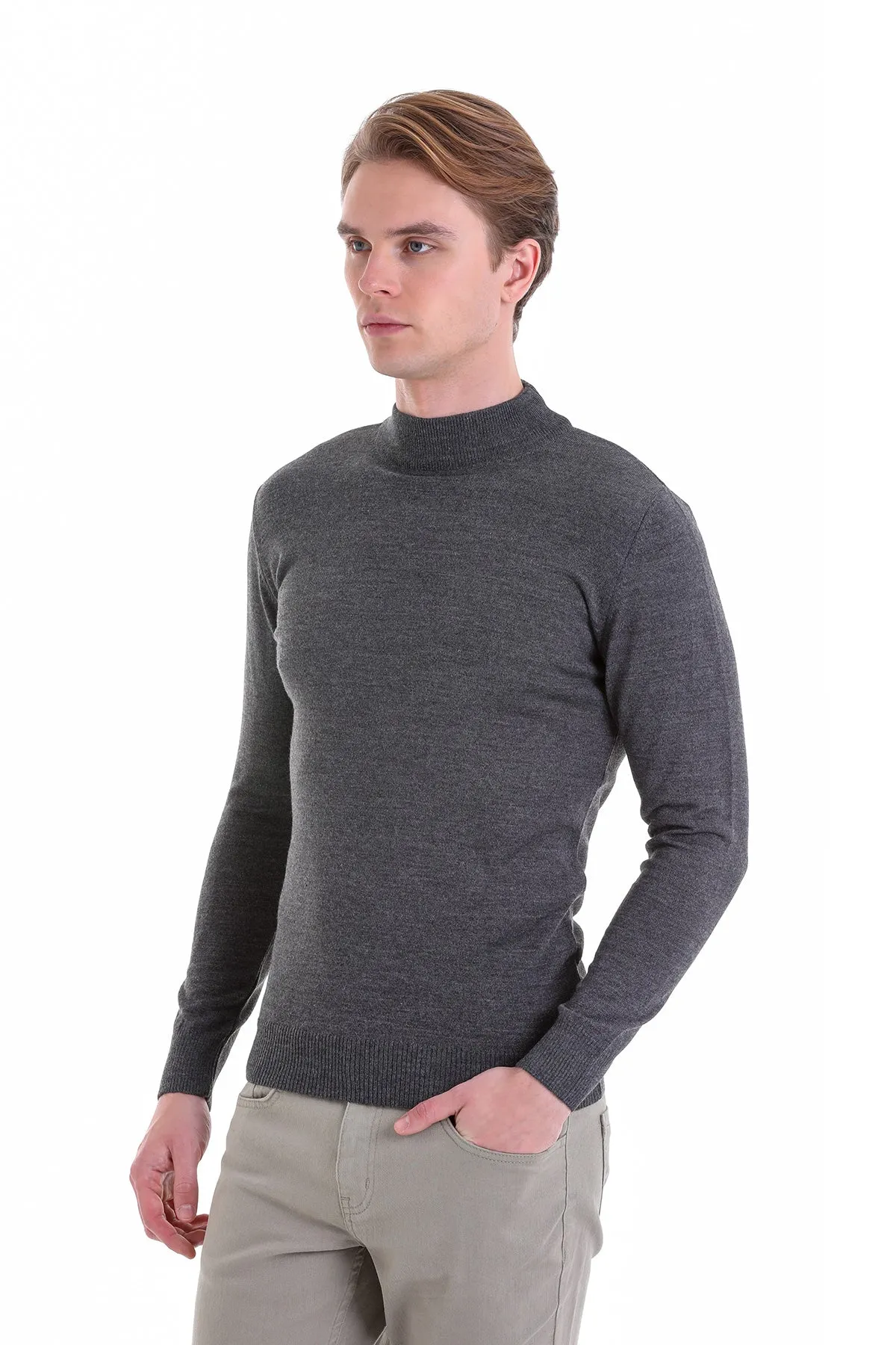 Comfort Fit Wool Blend Dark Gray Mock Neck Sweater