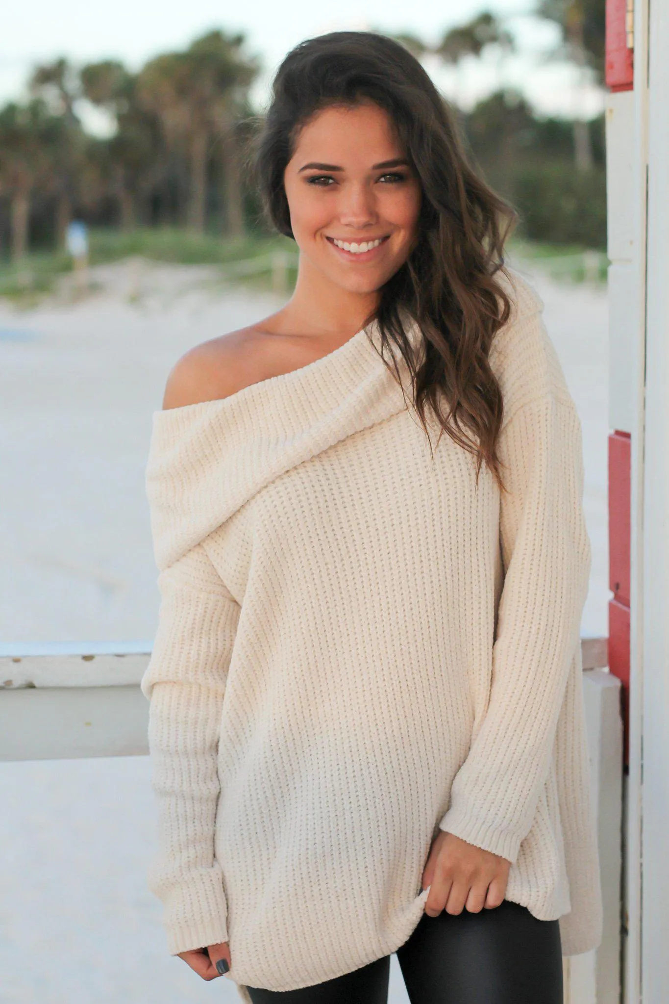 Cream Off Shoulder Knit Sweater