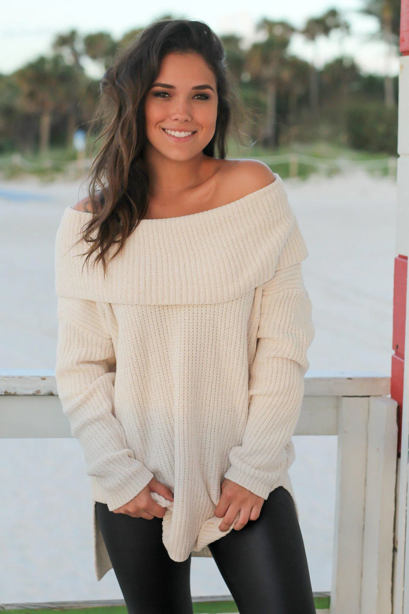 Cream Off Shoulder Knit Sweater