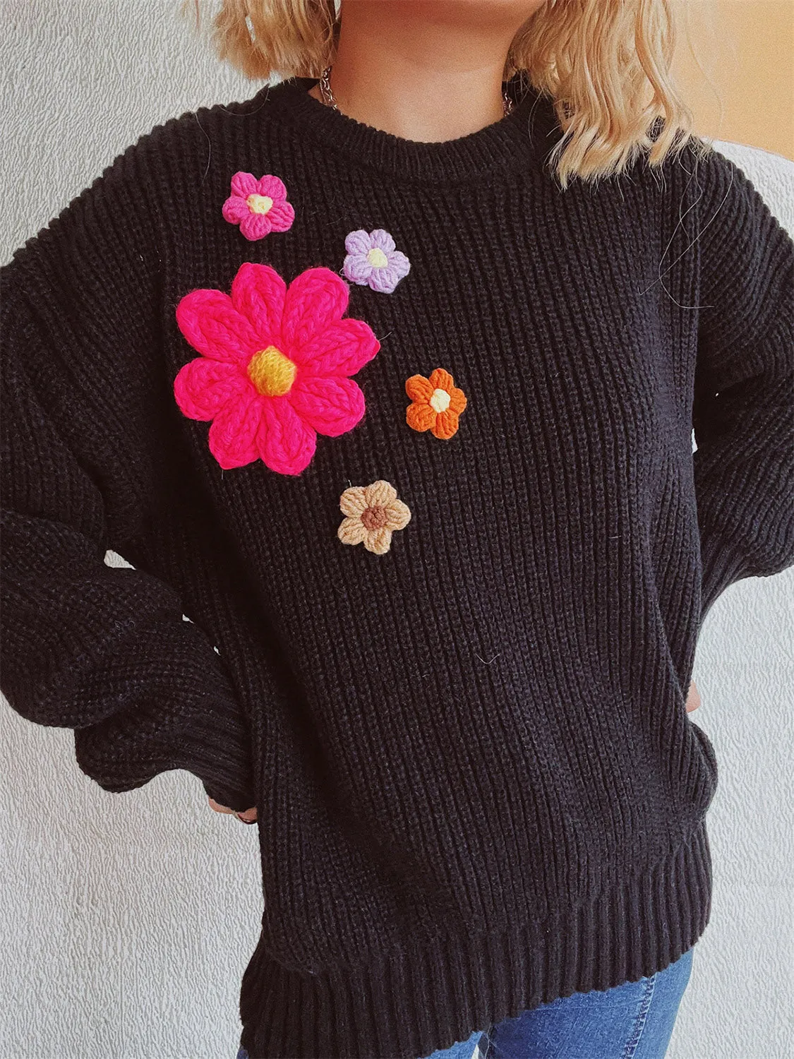 Crochet Flower Round Neck Dropped Shoulder Sweater