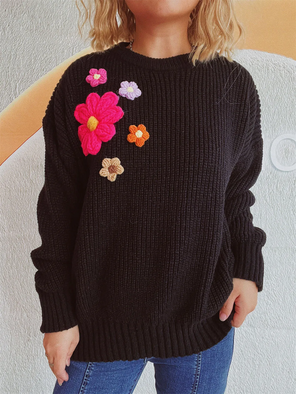 Crochet Flower Round Neck Dropped Shoulder Sweater