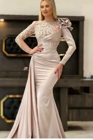 Designer Long Champagne Mermaid Lace Evening Dresses With Long Sleeves