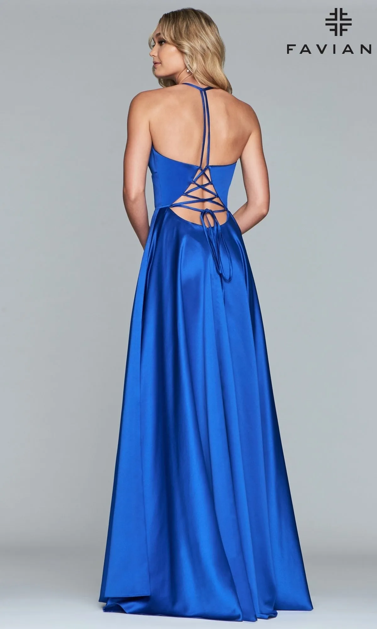 Faviana Long Satin A-Line Prom Dress with Pockets