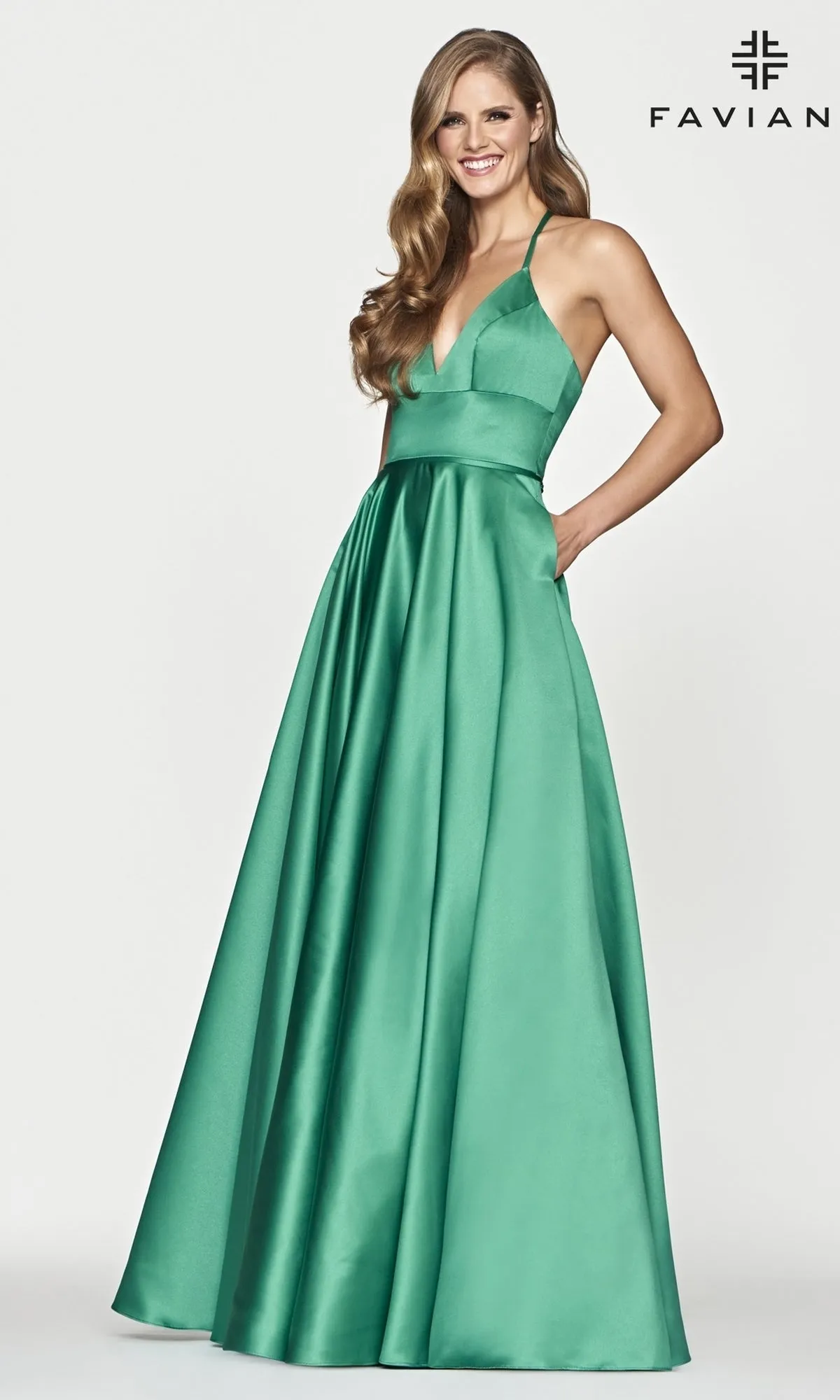 Faviana Long Satin A-Line Prom Dress with Pockets