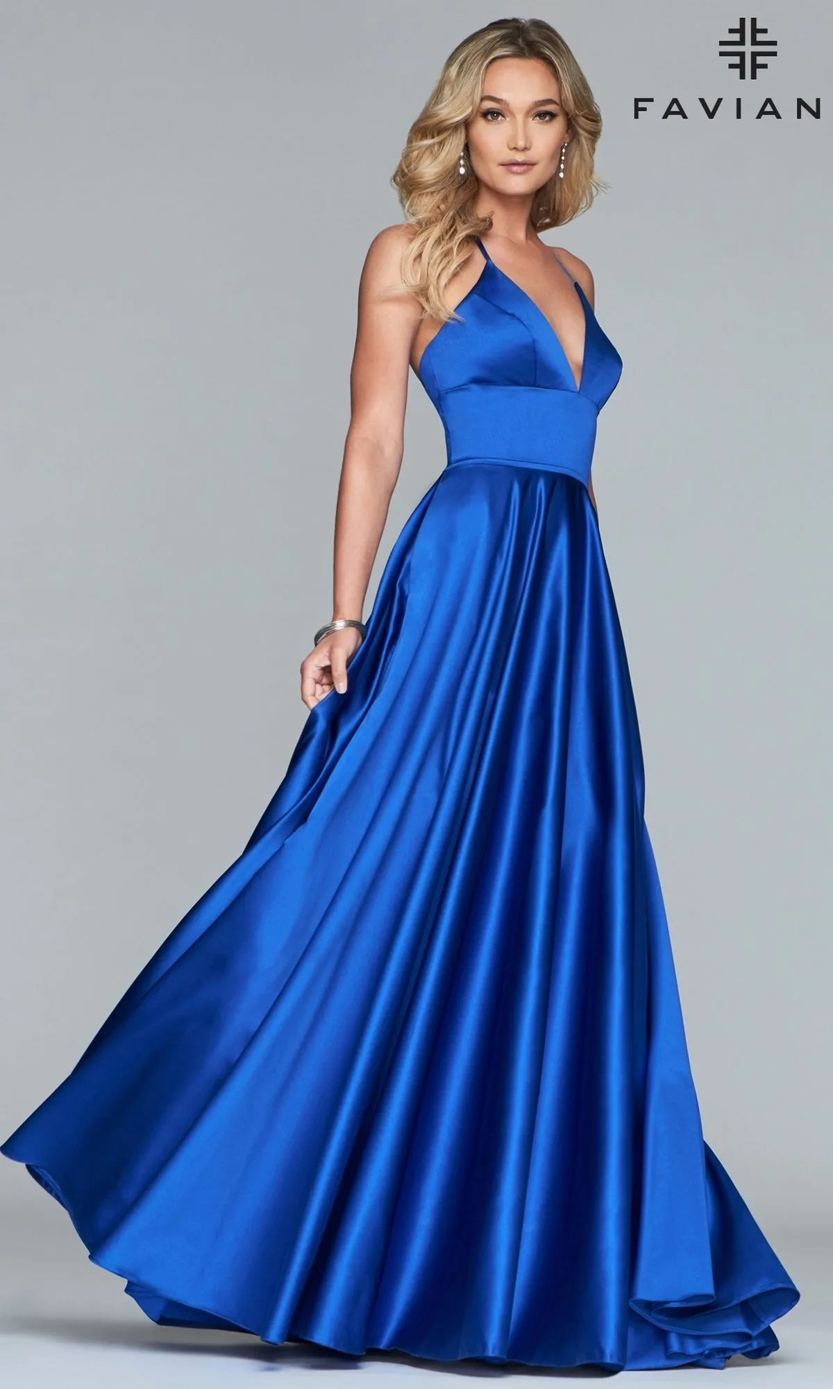 Faviana Long Satin A-Line Prom Dress with Pockets