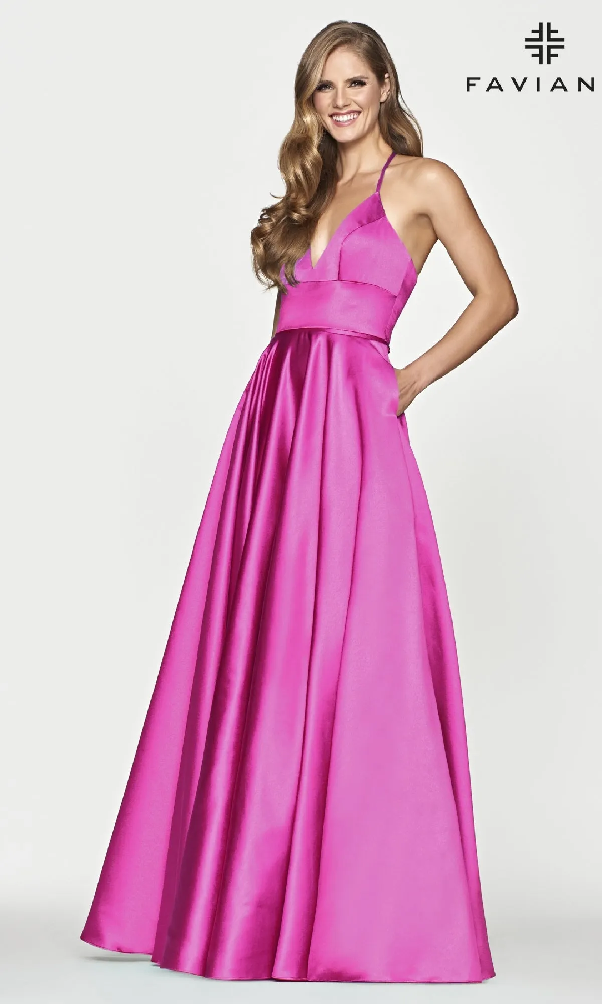 Faviana Long Satin A-Line Prom Dress with Pockets