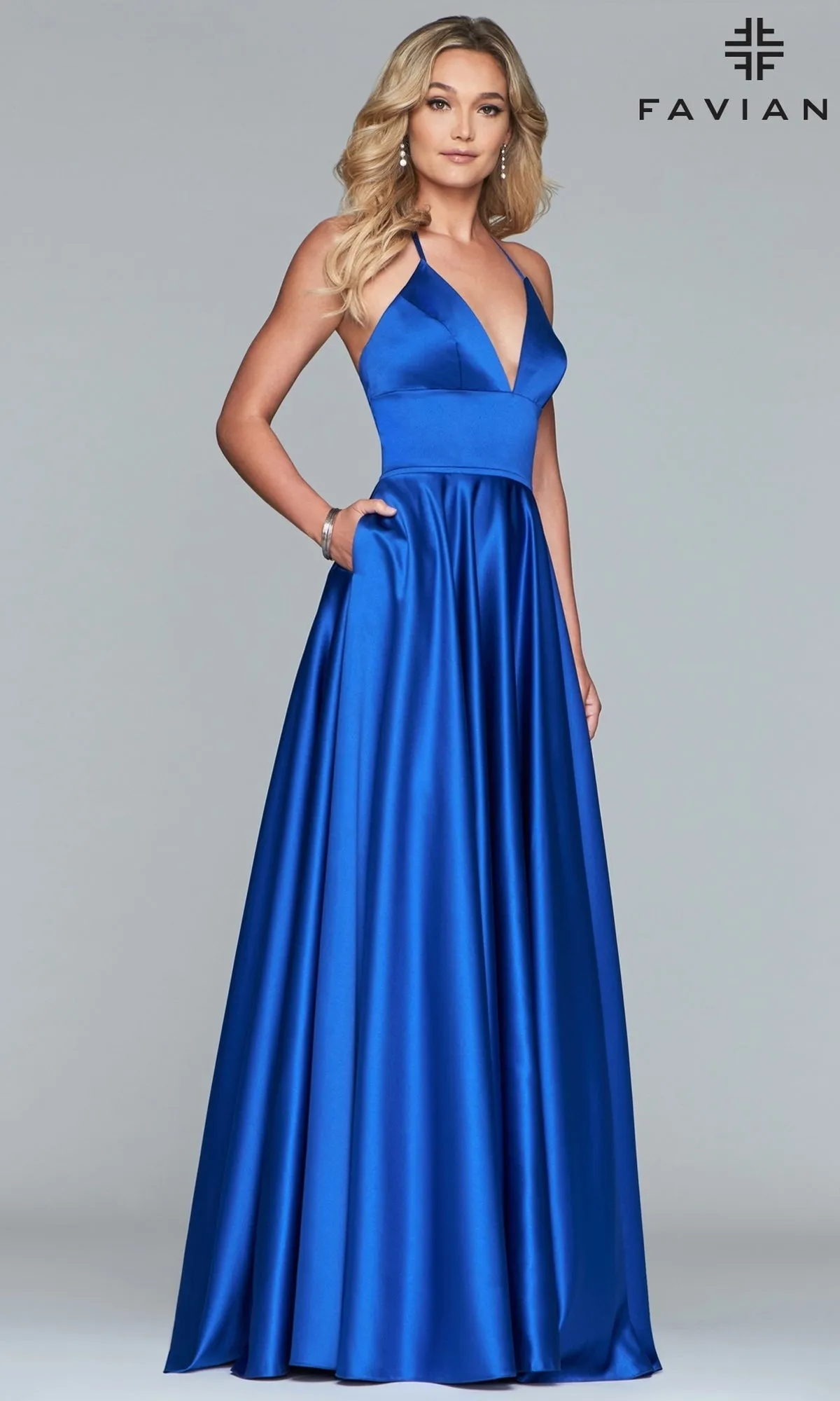 Faviana Long Satin A-Line Prom Dress with Pockets