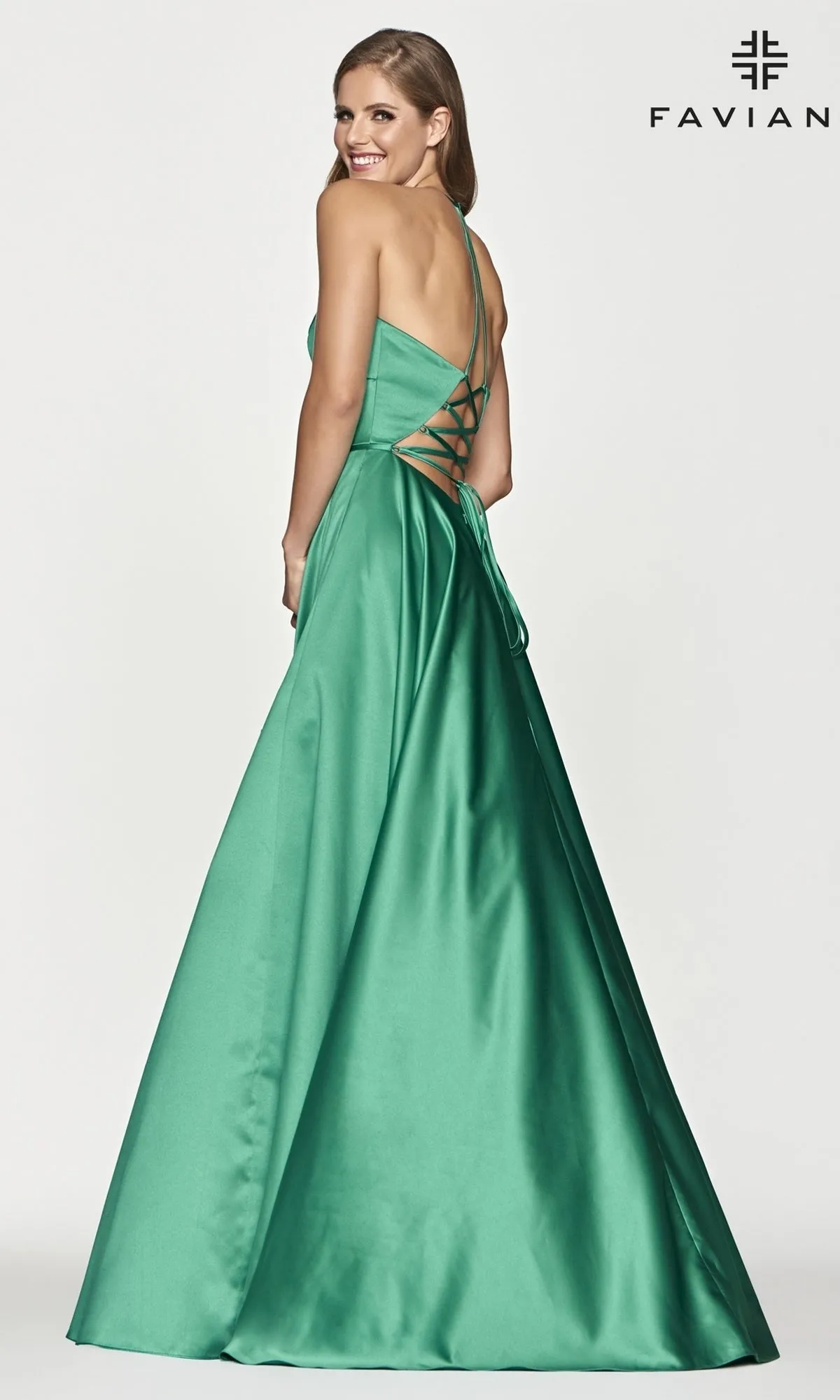 Faviana Long Satin A-Line Prom Dress with Pockets