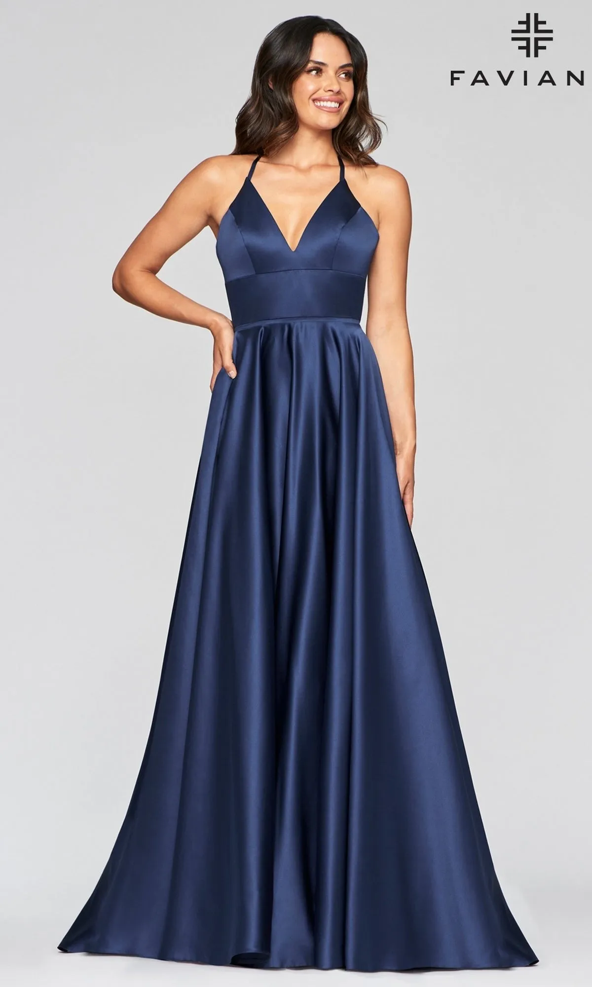 Faviana Long Satin A-Line Prom Dress with Pockets