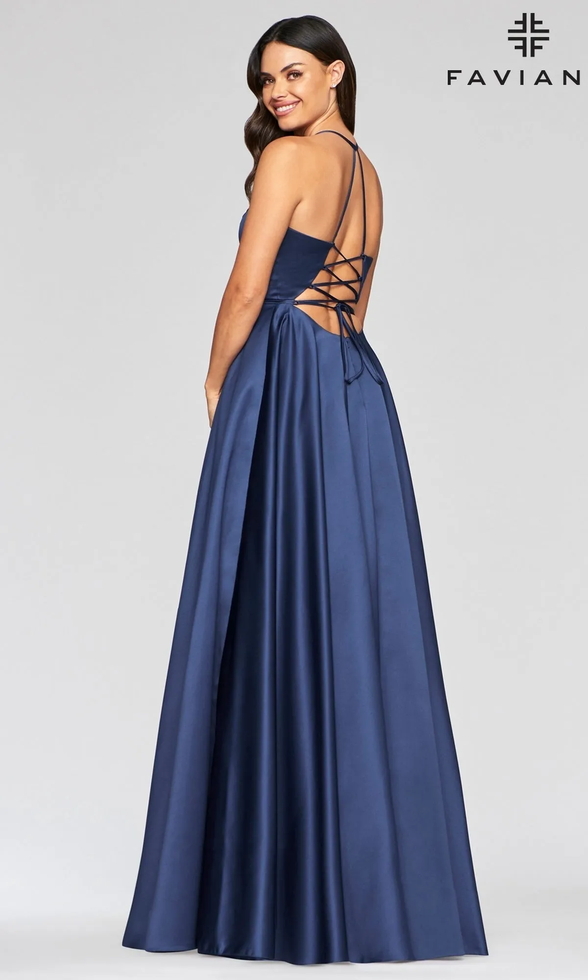 Faviana Long Satin A-Line Prom Dress with Pockets