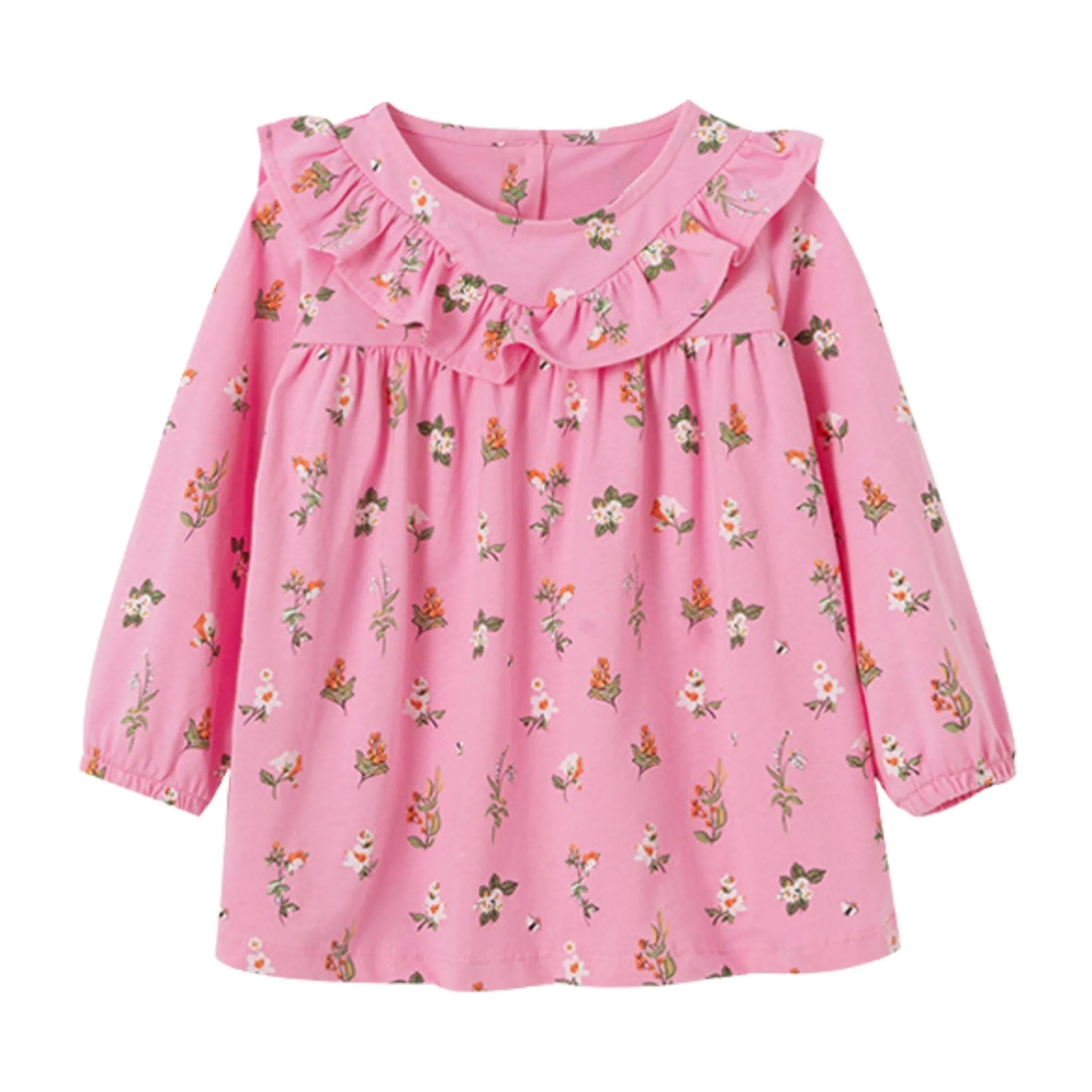 Full Sleeve Ruffle Floral Pattern Girls Dress, Pink