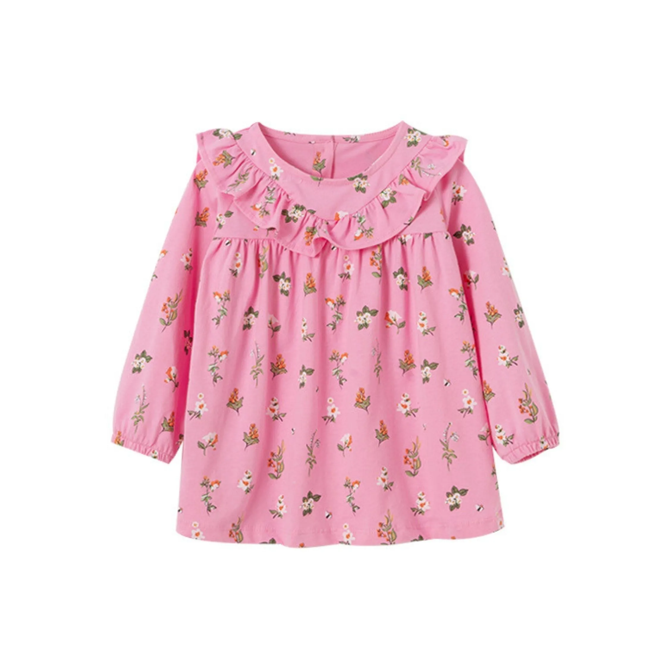 Full Sleeve Ruffle Floral Pattern Girls Dress, Pink