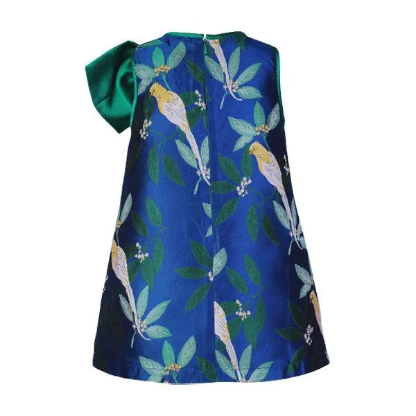 GREEN AND BLUE SLEEVELESS A-LINE DRESS WITH EXAGGERATED SHOULDER BOW