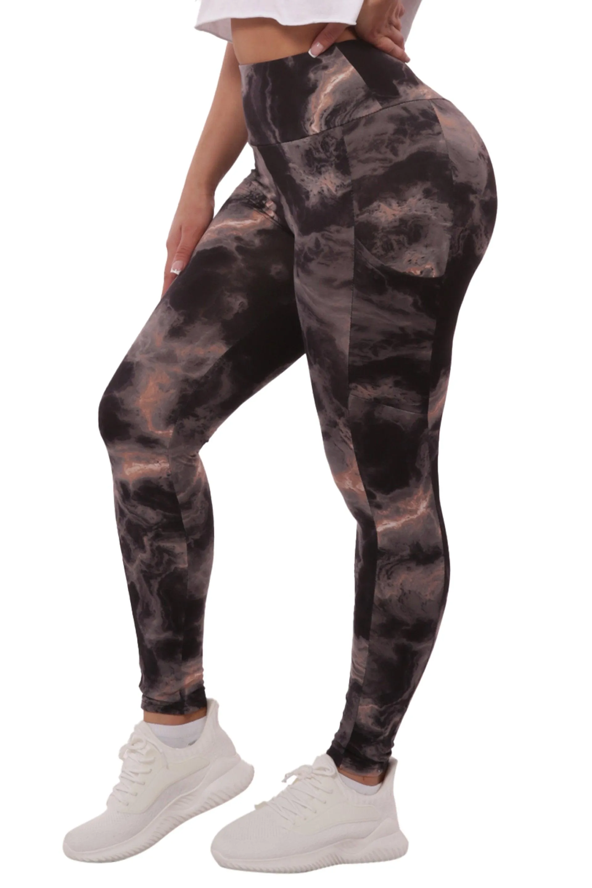 High Waist Fleece Lined Leggings With Side Pockets - Black & Pink Tie Dye