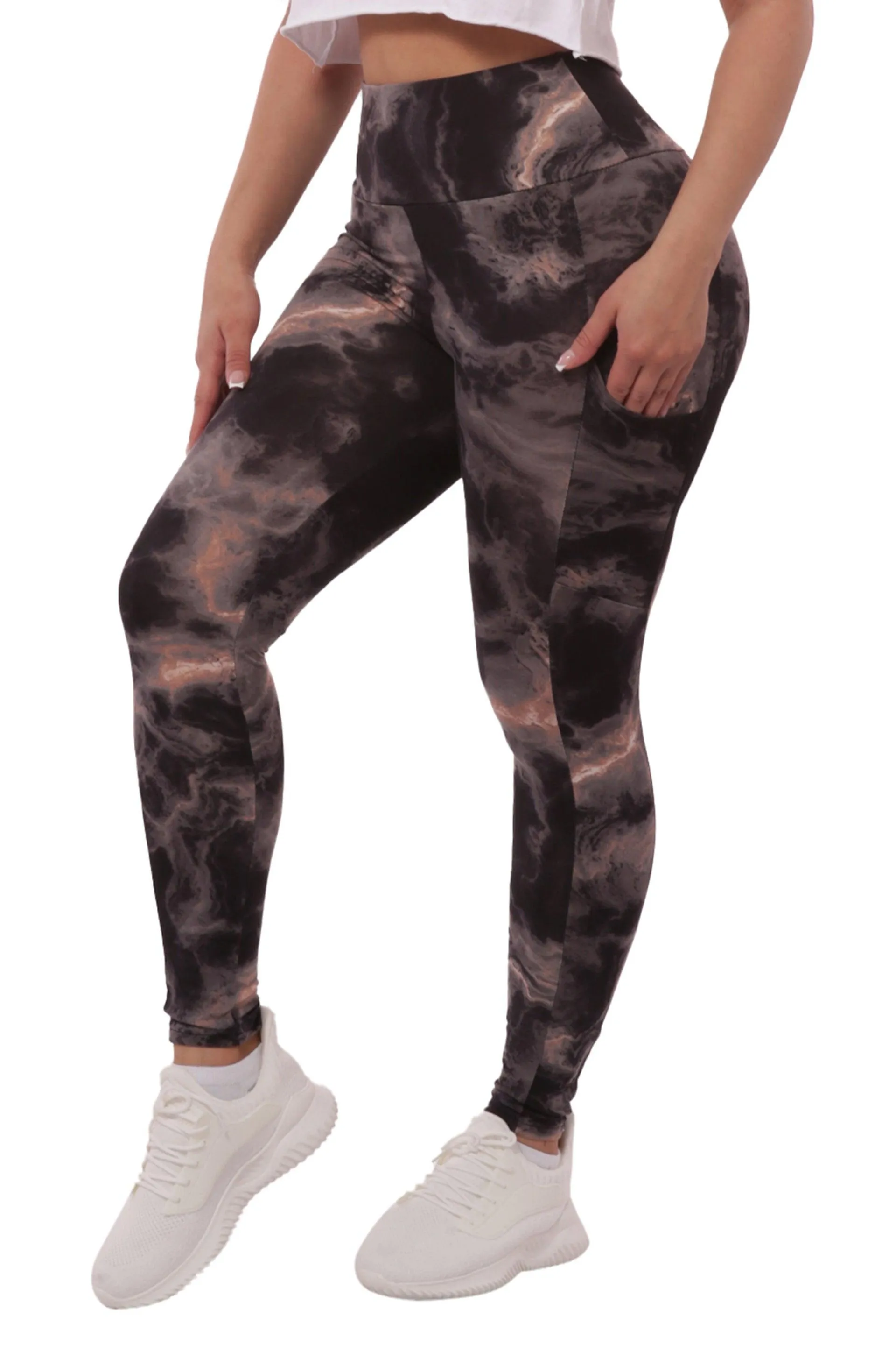 High Waist Fleece Lined Leggings With Side Pockets - Black & Pink Tie Dye