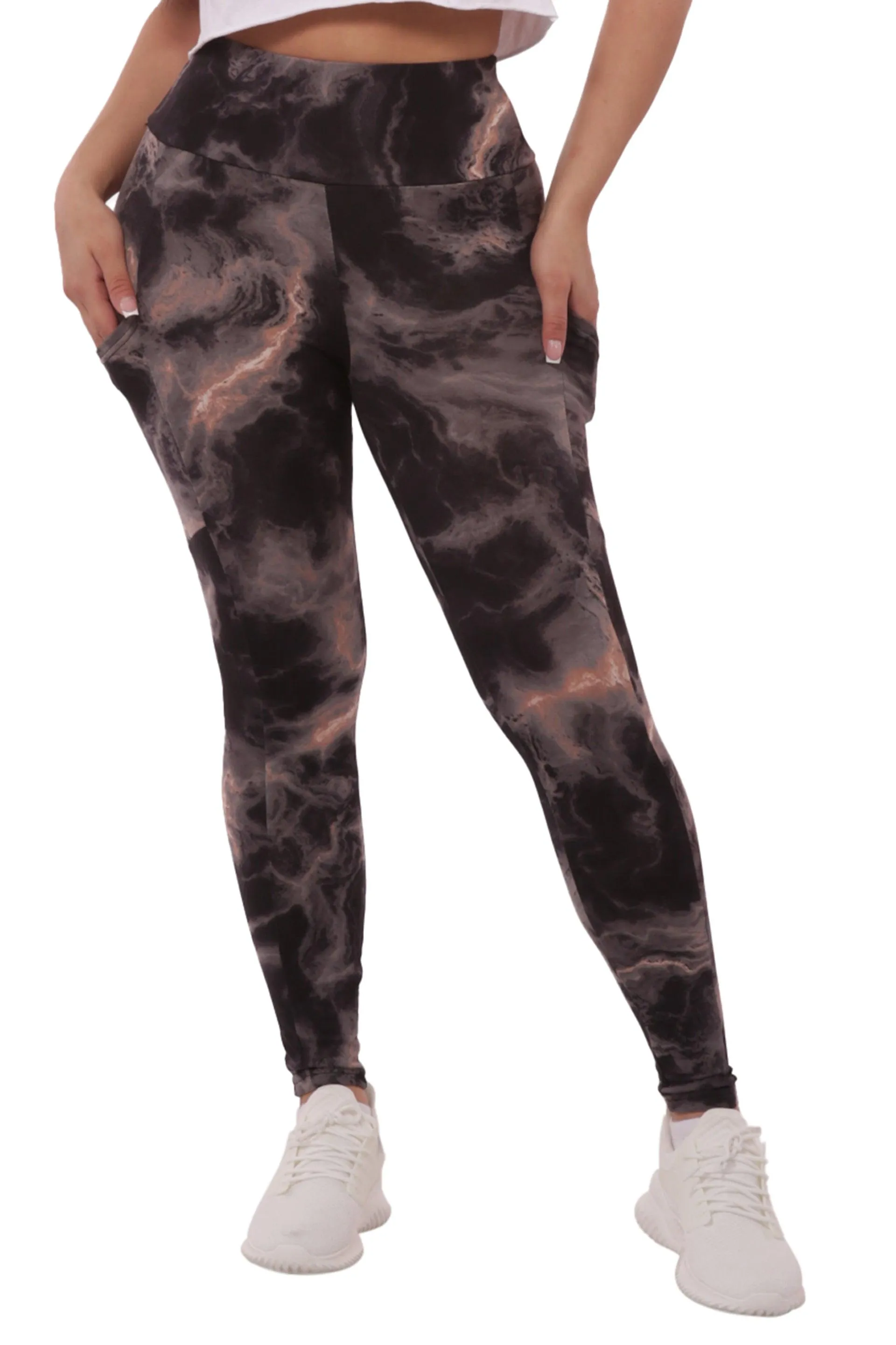 High Waist Fleece Lined Leggings With Side Pockets - Black & Pink Tie Dye