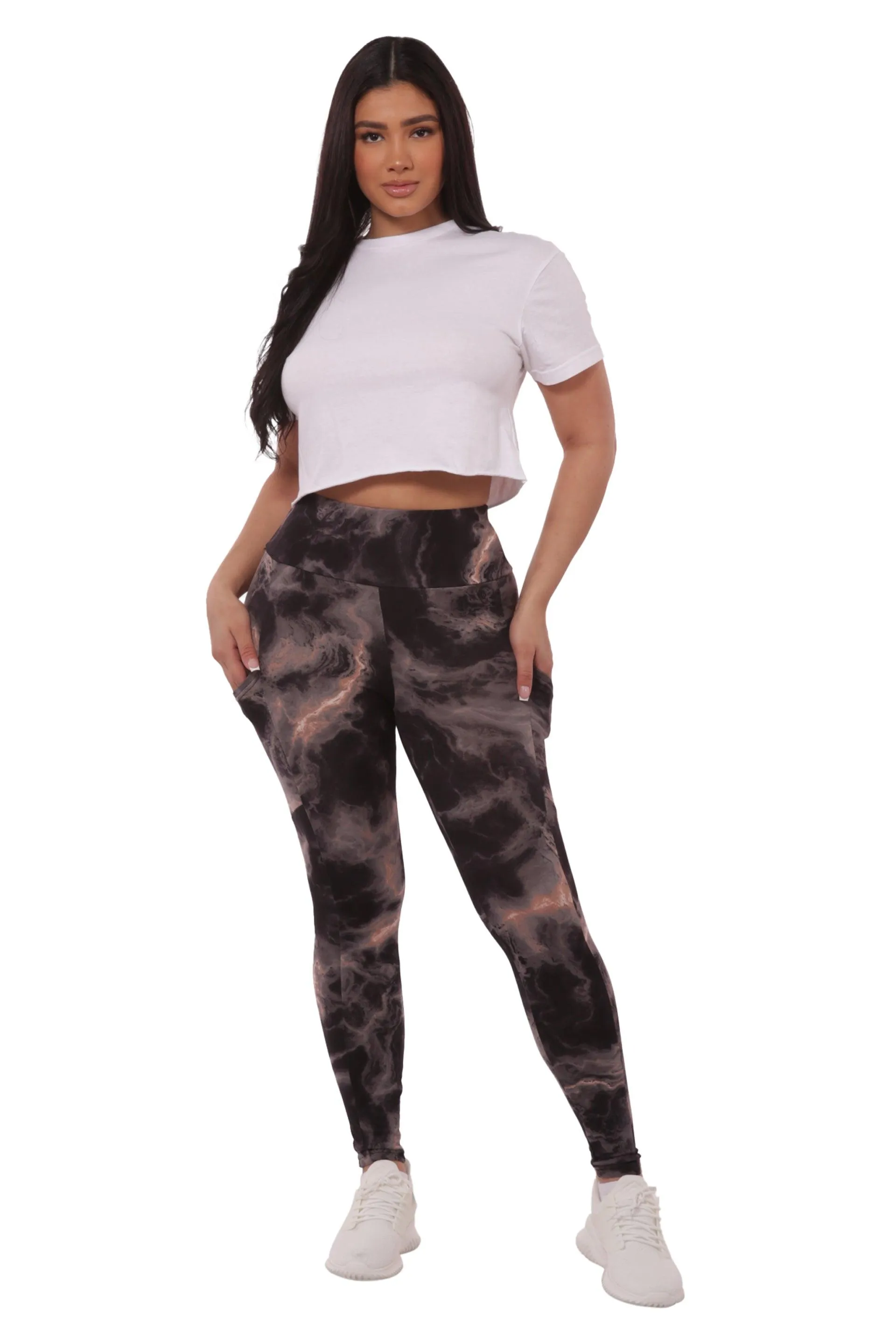 High Waist Fleece Lined Leggings With Side Pockets - Black & Pink Tie Dye