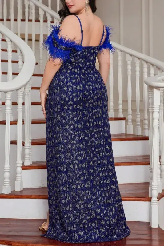 In The Blue High Slit Feather Shoulder Maxi Dress