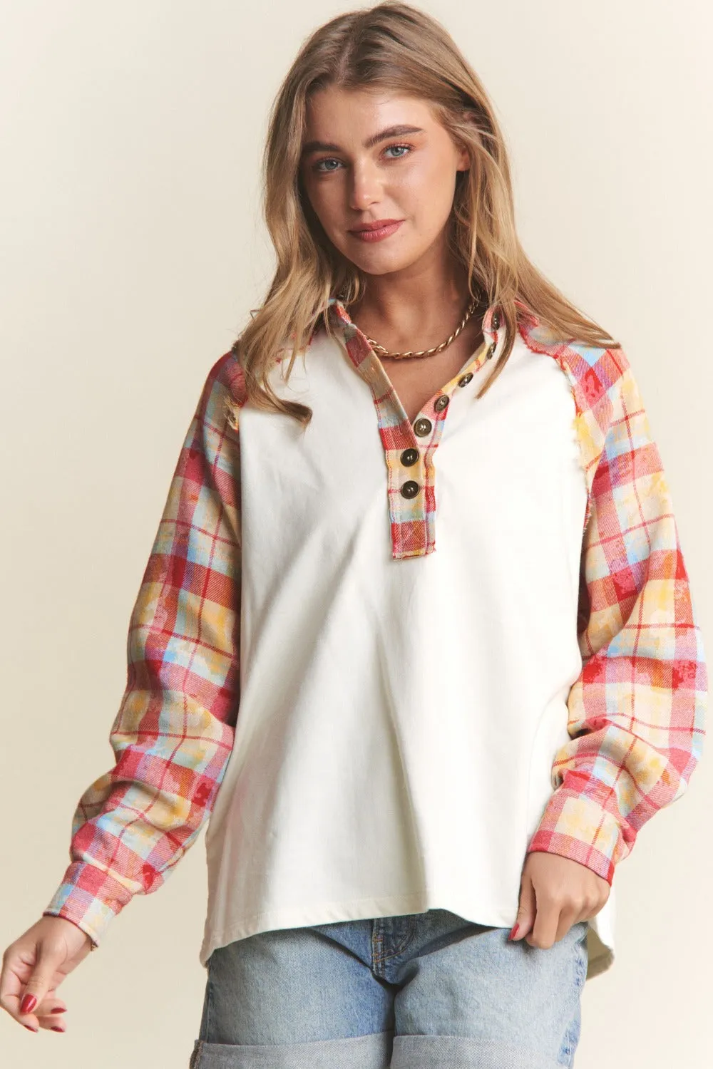 J.NNA Plaid Contrast Button Down Henley Top