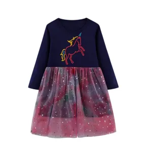 Magical Unicorn Sparkle Party Girl Dress ,Navy Blue