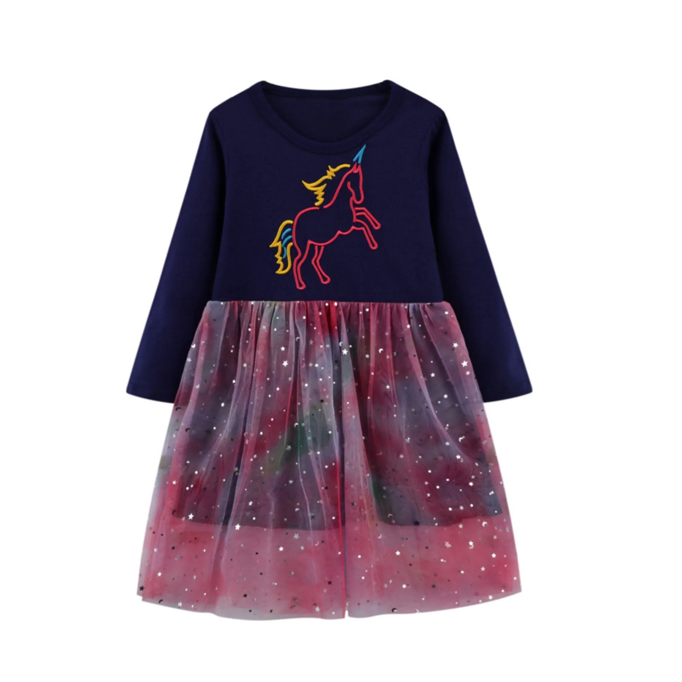 Magical Unicorn Sparkle Party Girl Dress ,Navy Blue