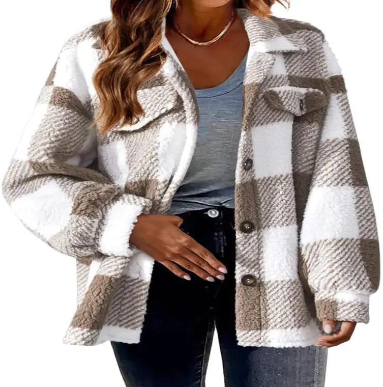 Plush Plaid Women's Autumn And Winter Open Button Lapel Thermal Plaid Pattern Jacket