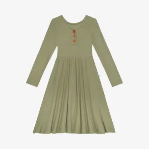 Posh Peanut Long Sleeve Henley Twirl Dress - Olive Waffle