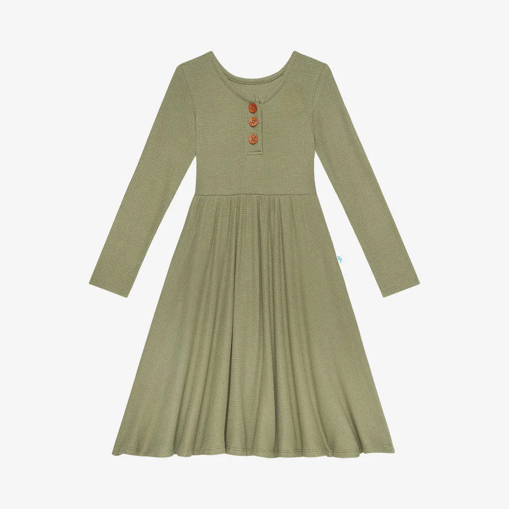 Posh Peanut Long Sleeve Henley Twirl Dress - Olive Waffle