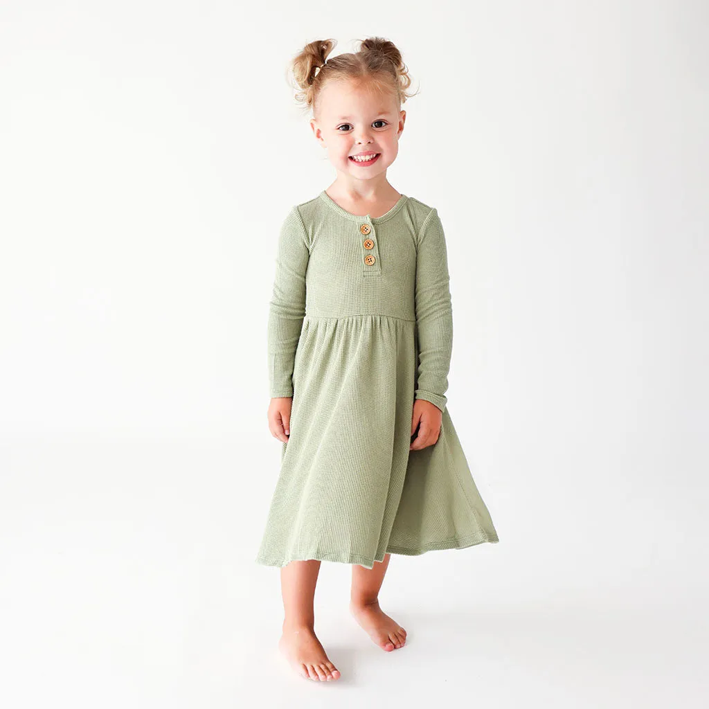 Posh Peanut Long Sleeve Henley Twirl Dress - Olive Waffle