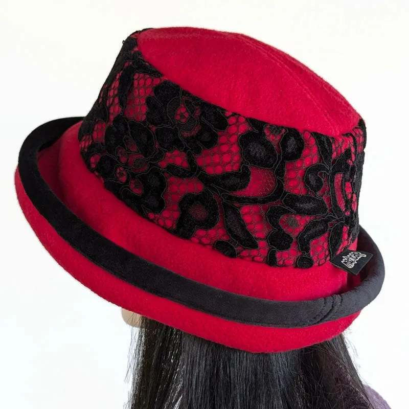 Premium Winter Fashion Hat with velvet trim, red with black velvet lace band trim