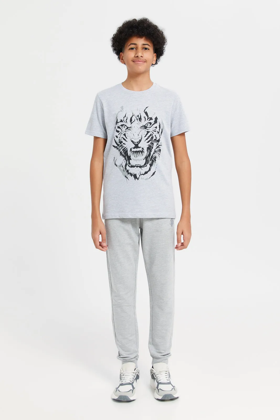 Senior Boys Grey Tiger Roaring Face Graphic T-Shirt