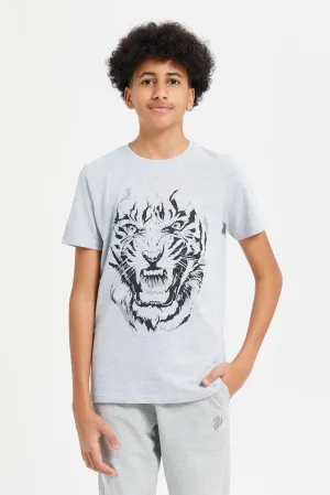 Senior Boys Grey Tiger Roaring Face Graphic T-Shirt