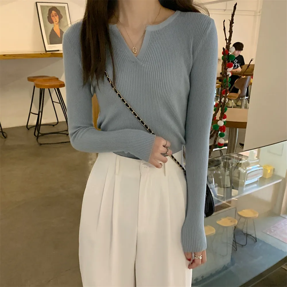 Solid Colored Trendy All-Matching Fitting Matching Tops ins Korean Slim Look V-Neck Matching Sweater Women Outerwear