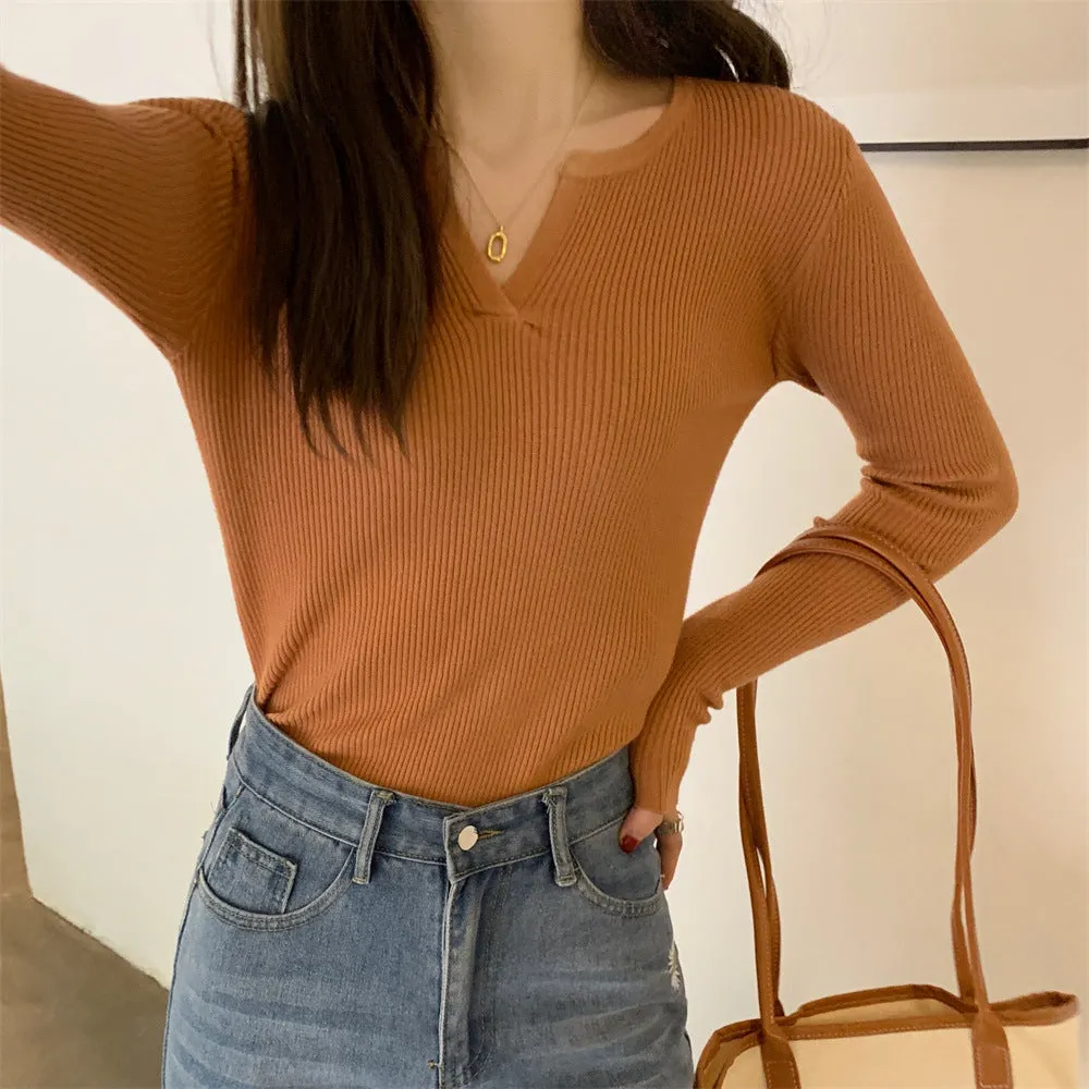 Solid Colored Trendy All-Matching Fitting Matching Tops ins Korean Slim Look V-Neck Matching Sweater Women Outerwear