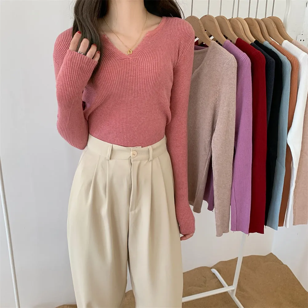 Solid Colored Trendy All-Matching Fitting Matching Tops ins Korean Slim Look V-Neck Matching Sweater Women Outerwear