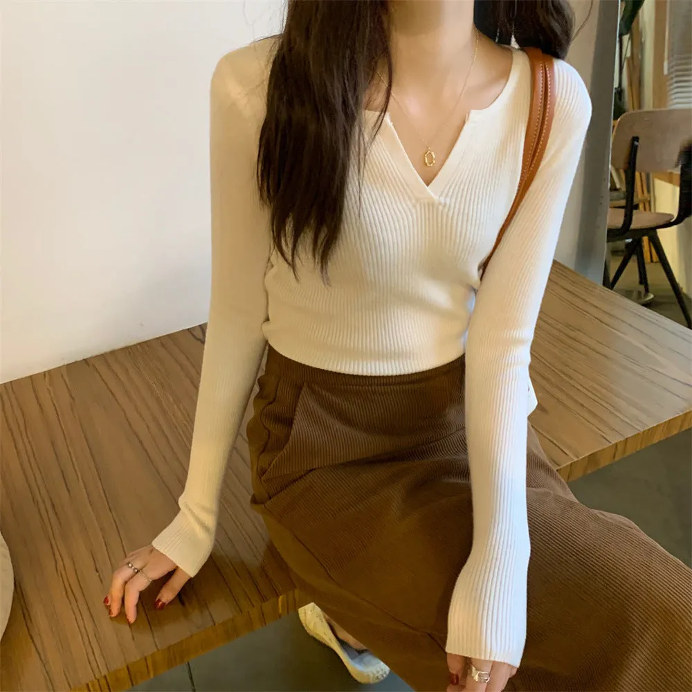 Solid Colored Trendy All-Matching Fitting Matching Tops ins Korean Slim Look V-Neck Matching Sweater Women Outerwear