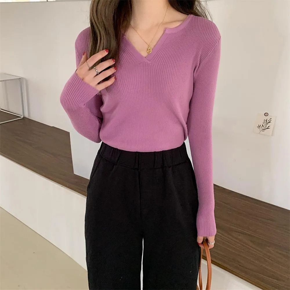 Solid Colored Trendy All-Matching Fitting Matching Tops ins Korean Slim Look V-Neck Matching Sweater Women Outerwear