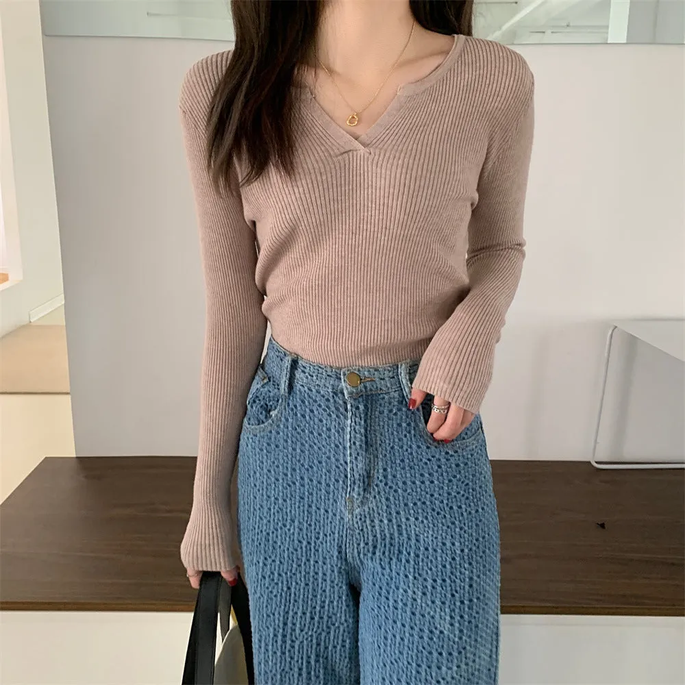 Solid Colored Trendy All-Matching Fitting Matching Tops ins Korean Slim Look V-Neck Matching Sweater Women Outerwear