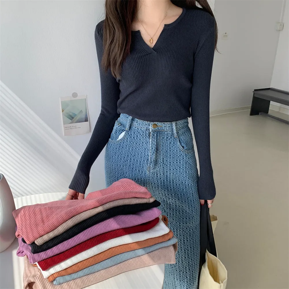 Solid Colored Trendy All-Matching Fitting Matching Tops ins Korean Slim Look V-Neck Matching Sweater Women Outerwear