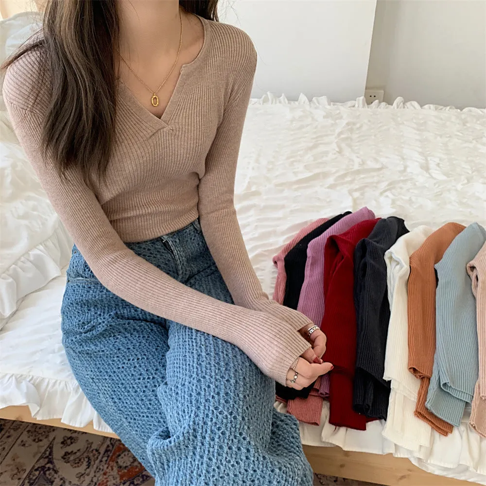 Solid Colored Trendy All-Matching Fitting Matching Tops ins Korean Slim Look V-Neck Matching Sweater Women Outerwear