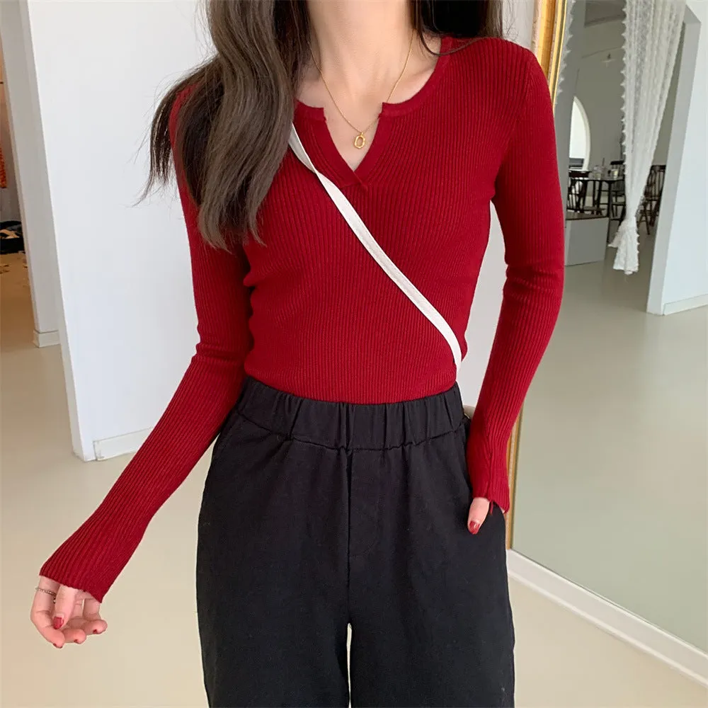 Solid Colored Trendy All-Matching Fitting Matching Tops ins Korean Slim Look V-Neck Matching Sweater Women Outerwear